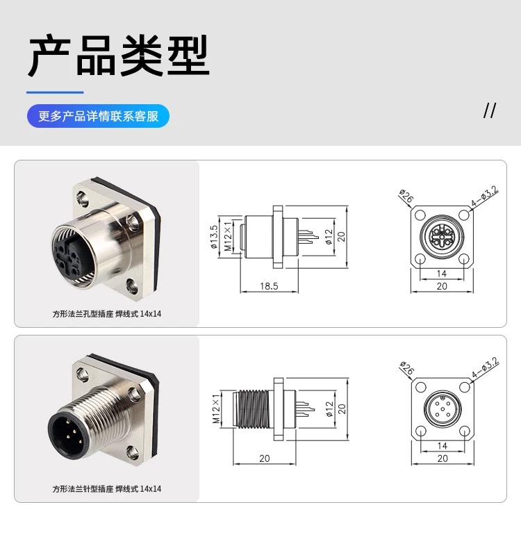 M12 方形 法蘭座 （2P-12P）